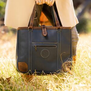 The Jean Maxi Tote in blue and commando tan handcrafted leather with Italian hardware