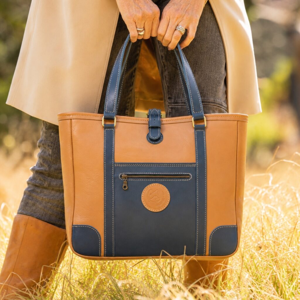 The Jean Maxi Tote in caramel and blue handcrafted leather with Italian hardware