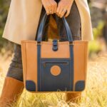 The Jean Maxi Tote in caramel and blue handcrafted leather with Italian hardware