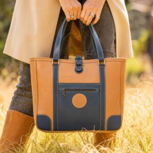 The Jean Maxi Tote in caramel and blue handcrafted leather with Italian hardware