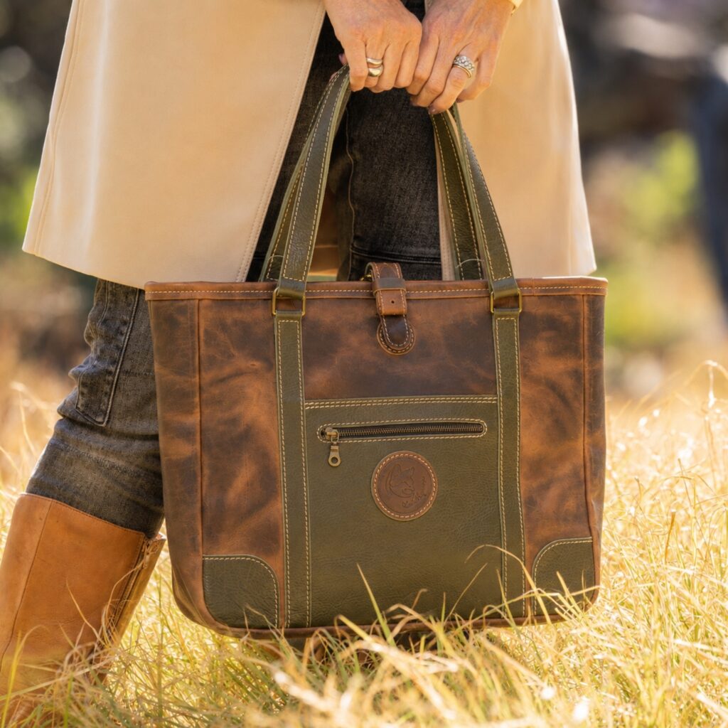 The Jean Maxi Tote in commando tan and olive green handcrafted leather with Italian hardware