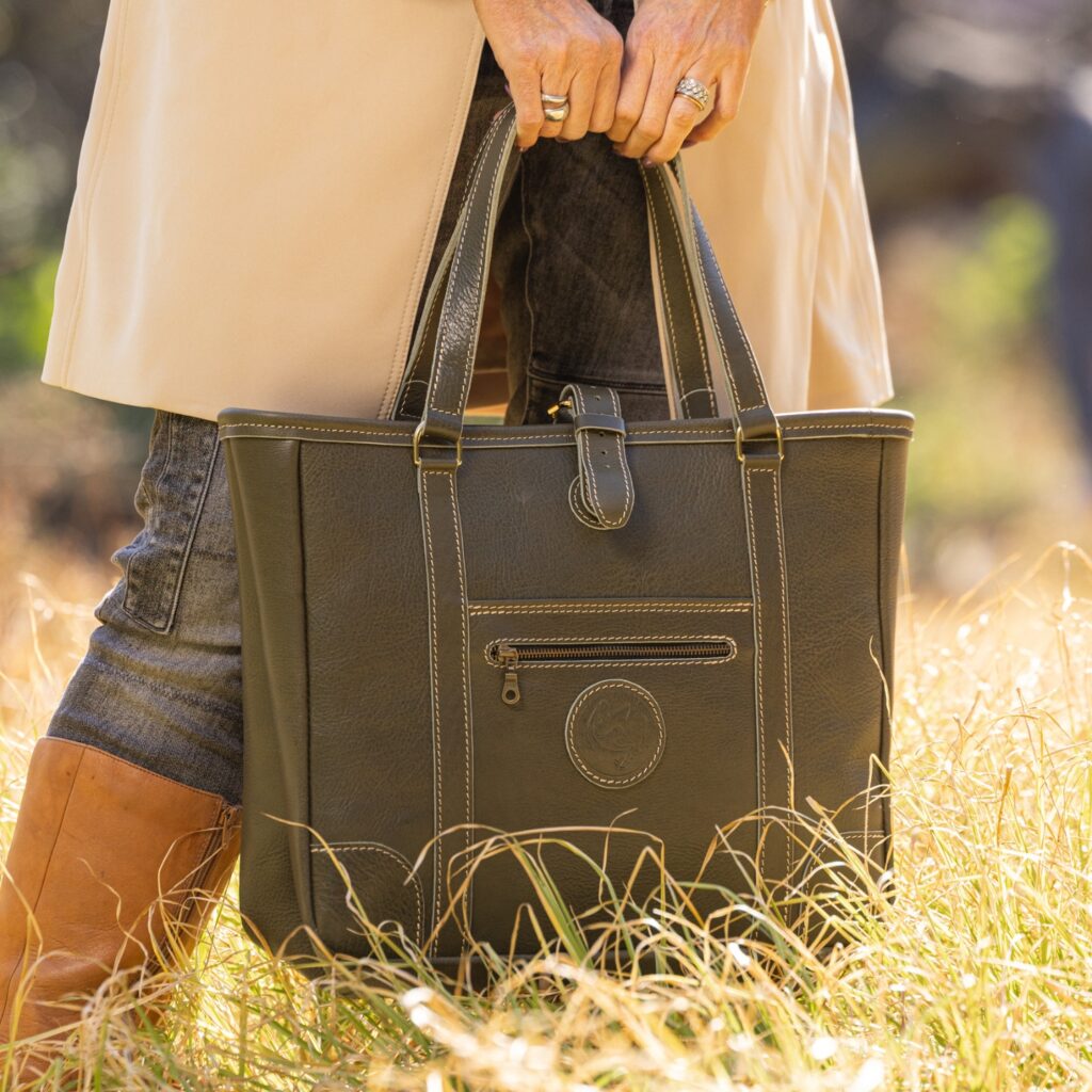 The Jean Maxi Tote in olive green handcrafted leather with Italian hardware