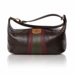 The Rosemary Barrel Bag handcrafted in rich brown genuine leather with caramel, burgundy and olive green accents, Regency Velvet lining and Italian hardware.
