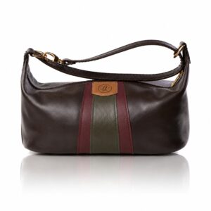 The Rosemary Barrel Bag handcrafted in rich brown genuine leather with caramel, burgundy and olive green accents, Regency Velvet lining and Italian hardware.