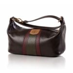 The Rosemary Barrel Bag handcrafted in rich brown genuine leather with caramel, burgundy and olive green accents, Regency Velvet lining and Italian hardware.