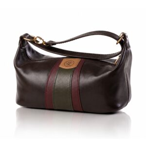 The Rosemary Barrel Bag handcrafted in rich brown genuine leather with caramel, burgundy and olive green accents, Regency Velvet lining and Italian hardware.