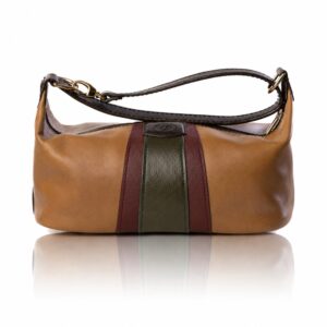 The Rosemary Barrel Bag in caramel and olive green handcrafted genuine leather with Regency Velvet lining and Italian hardware