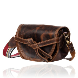 The Doreen Cross Body handcrafted in commando tan genuine leather with a navy, cream and burgundy striped woven strap, Regency Velvet lining and premium Italian hardware.