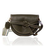 The Doreen Cross Body handcrafted in olive green genuine leather with a cream and green striped woven strap, Regency Velvet lining and premium Italian hardware.