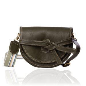 The Doreen Cross Body handcrafted in olive green genuine leather with a cream and green striped woven strap, Regency Velvet lining and premium Italian hardware.