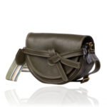 The Doreen Cross Body handcrafted in olive green genuine leather with a cream and green striped woven strap, Regency Velvet lining and premium Italian hardware.