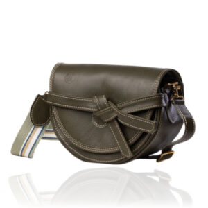 The Doreen Cross Body handcrafted in olive green genuine leather with a cream and green striped woven strap, Regency Velvet lining and premium Italian hardware.