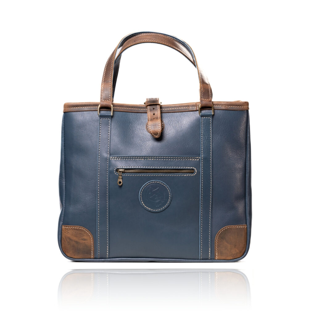 The Jean Maxi Tote in blue and commando tan handcrafted leather with Italian hardware