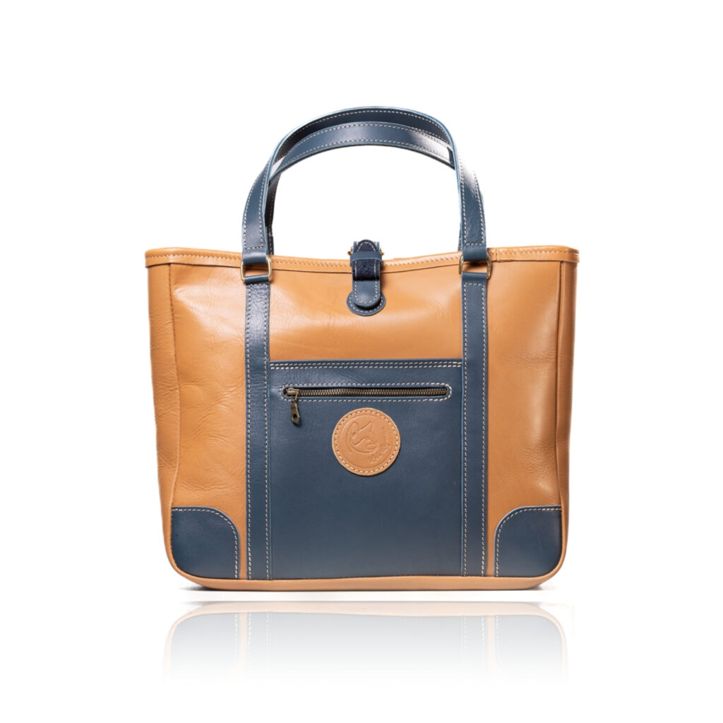 The Jean Maxi Tote in caramel and blue handcrafted leather with Italian hardware