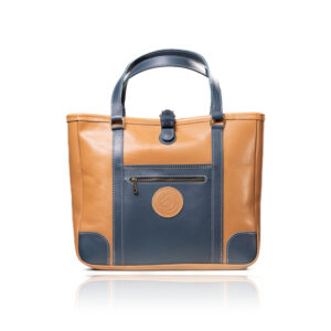 The Jean Maxi Tote in caramel and blue handcrafted leather with Italian hardware