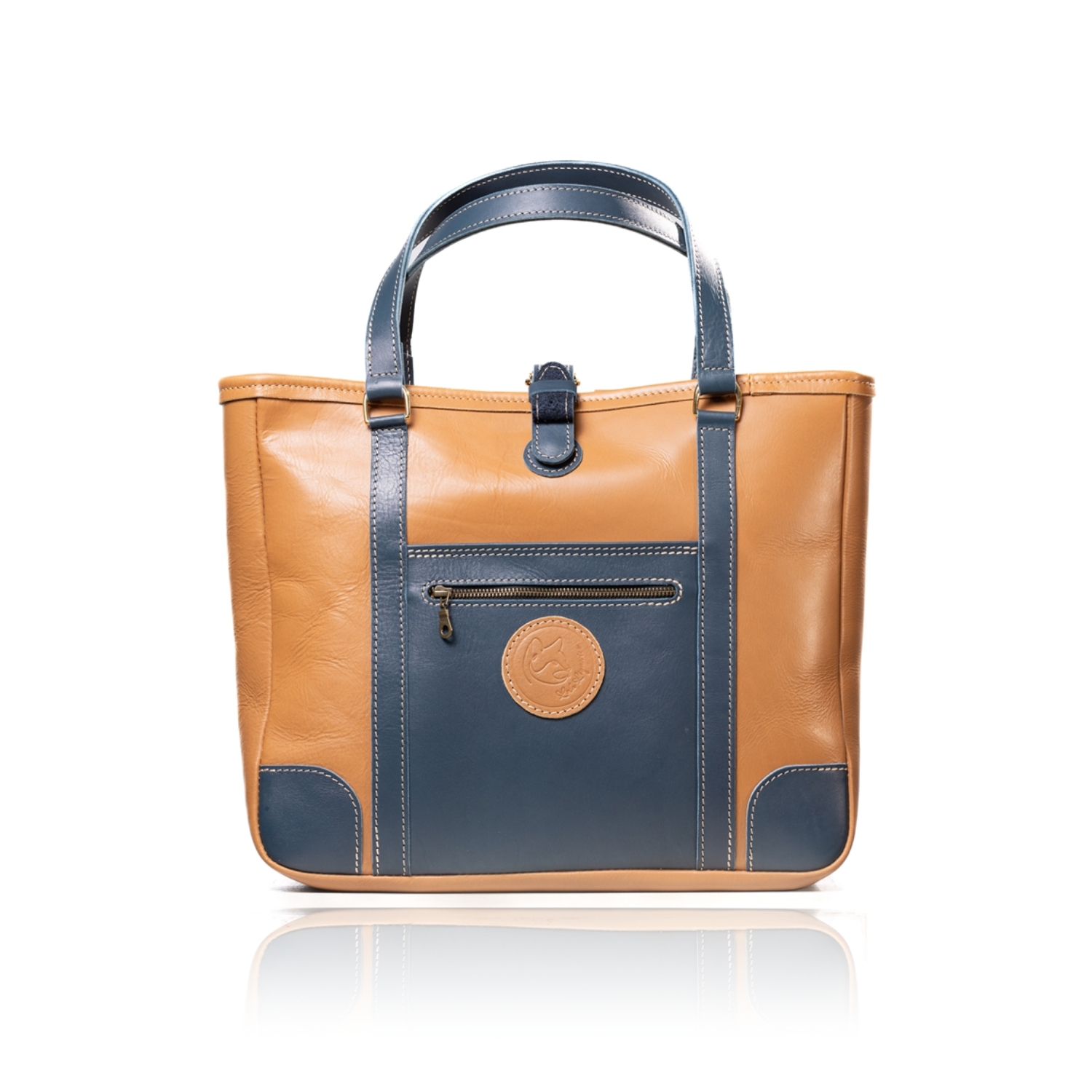 jean-maxi-tote-caramel-blue-001 The Jean Maxi Tote in caramel and blue handcrafted leather with Italian hardware