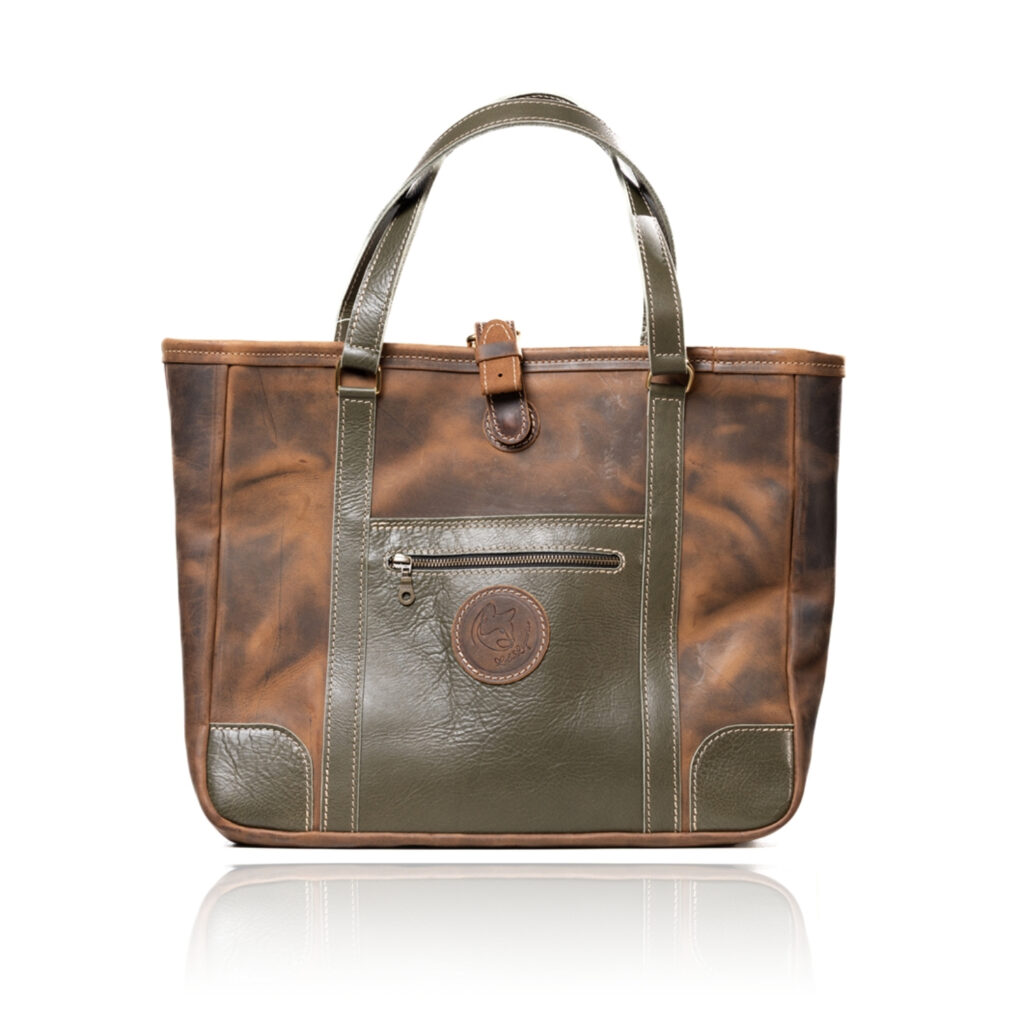 The Jean Maxi Tote in commando tan and olive green handcrafted leather with Italian hardware
