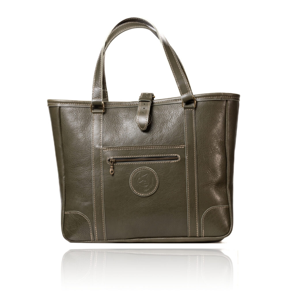 The Jean Maxi Tote in olive green handcrafted leather with Italian hardware