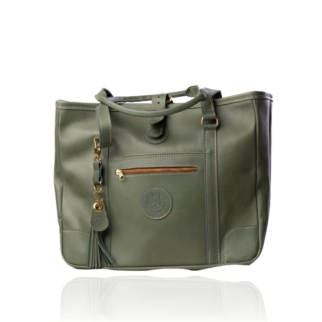 The Jean Tote handcrafted in sage coloured genuine leather with Regency Velvet lining and premium Morini Italian hardware