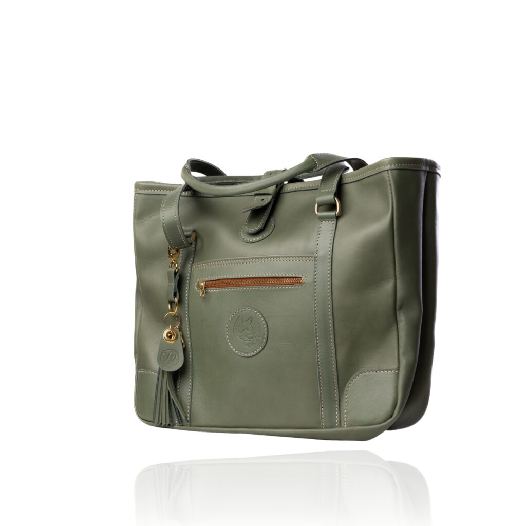 The Jean Tote handcrafted in sage coloured genuine leather with Regency Velvet lining and premium Morini Italian hardware